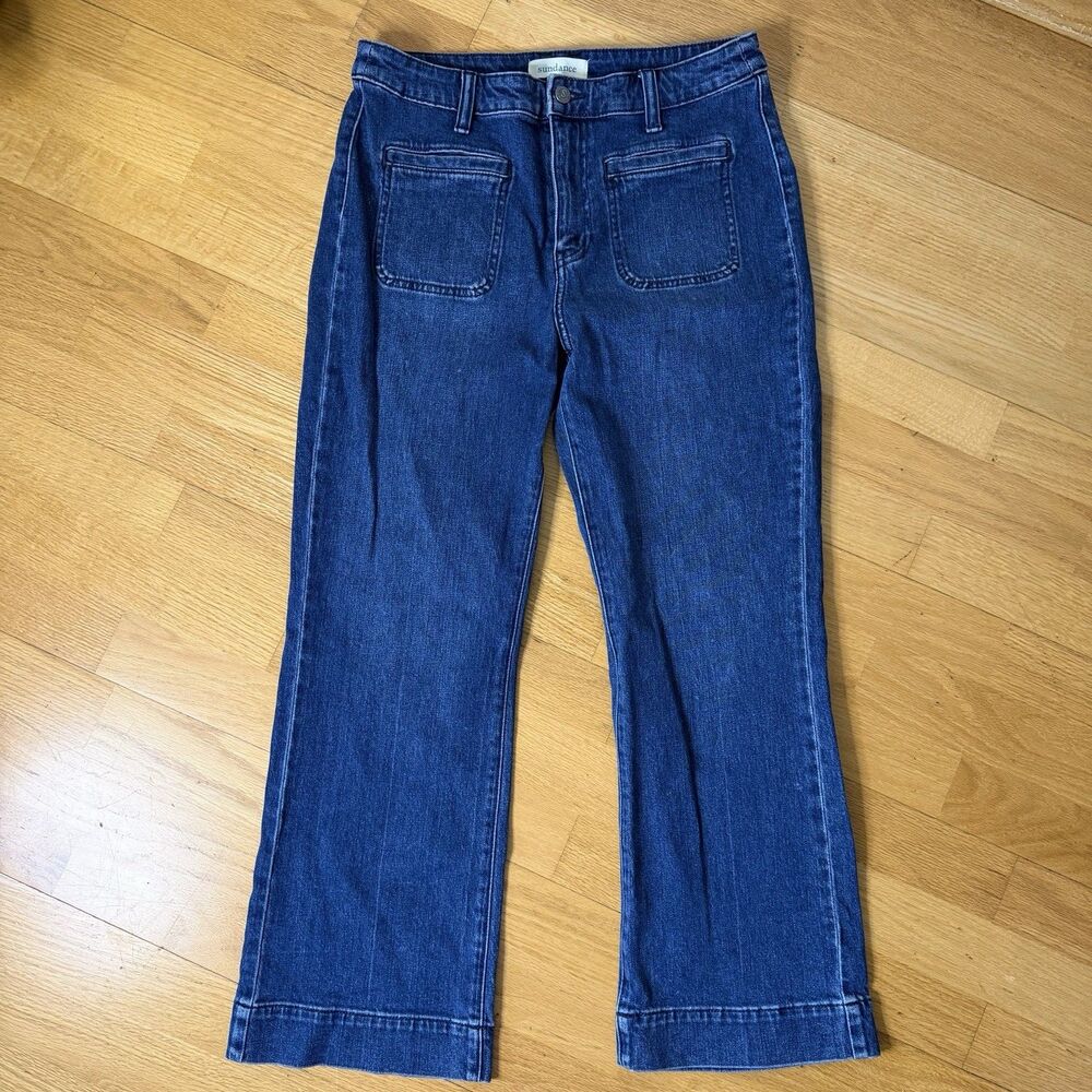 Sundance Patch Front Pockets Wide Leg Jeans Blue 29 EUC Boho Relaxed Western 70s